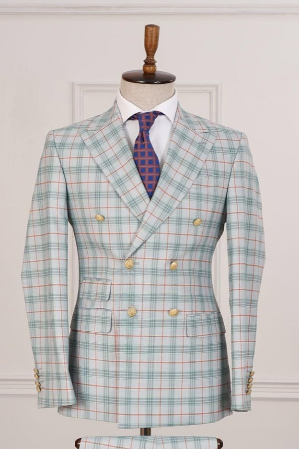 Glamorous Light Green Red Plaid Double Breasted Business Men Suits