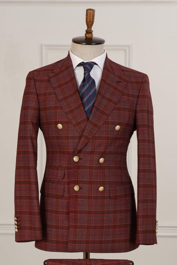 Fashion Burgundy Plaid Double Breasted Men's Business Suits
