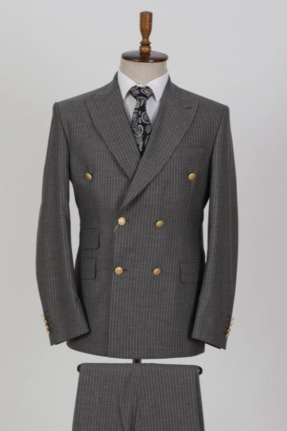 Newest Dark Gray Striped Double Breasted Business Suits For Men