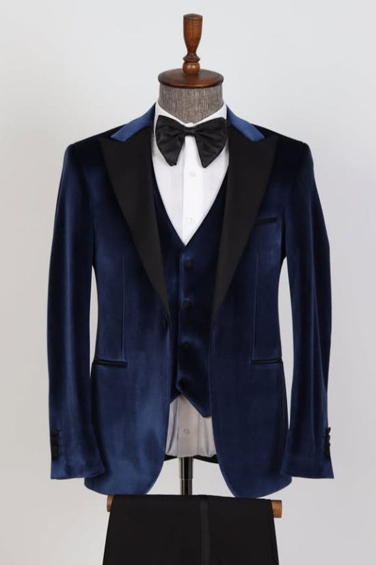 Chic Slim Fit Navy Blue 3 Pieces Velvet Prom Men Suits