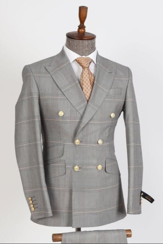 Bespoke Light Gray Double Breasted Plaid Business Men Suits