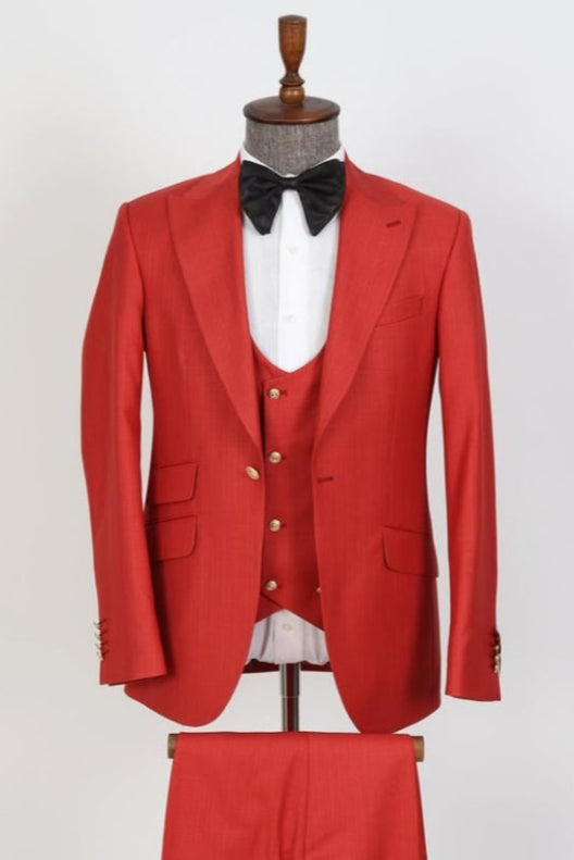 Popular Red 3 Pieces Peaked Lapel Prom Suits For Men