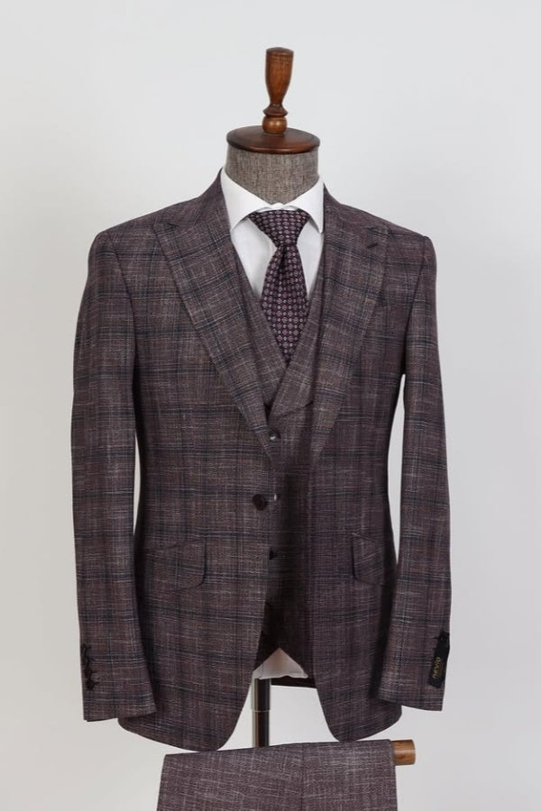 Close Fitting Dark Gray 3 Pieces Plaid Men's Business Suits With Vest