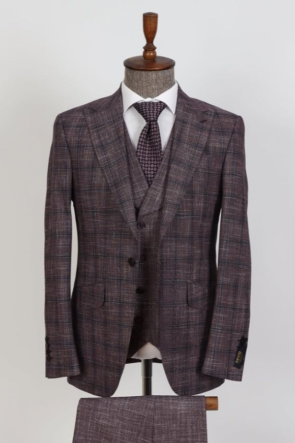 Close Fitting Dark Gray 3 Pieces Plaid Men's Business Suits With Vest