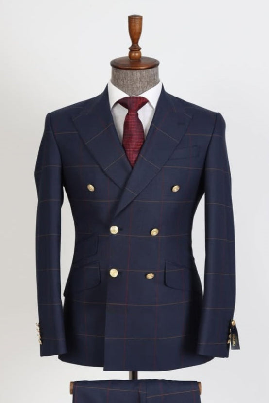 Modern Dark Blue Plaid Double Breasted Business Men Suits