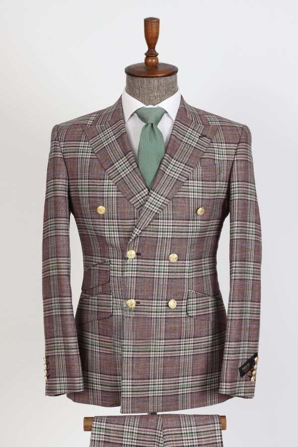 Newest Brown Plaid Double Breasted Men's Business Suits