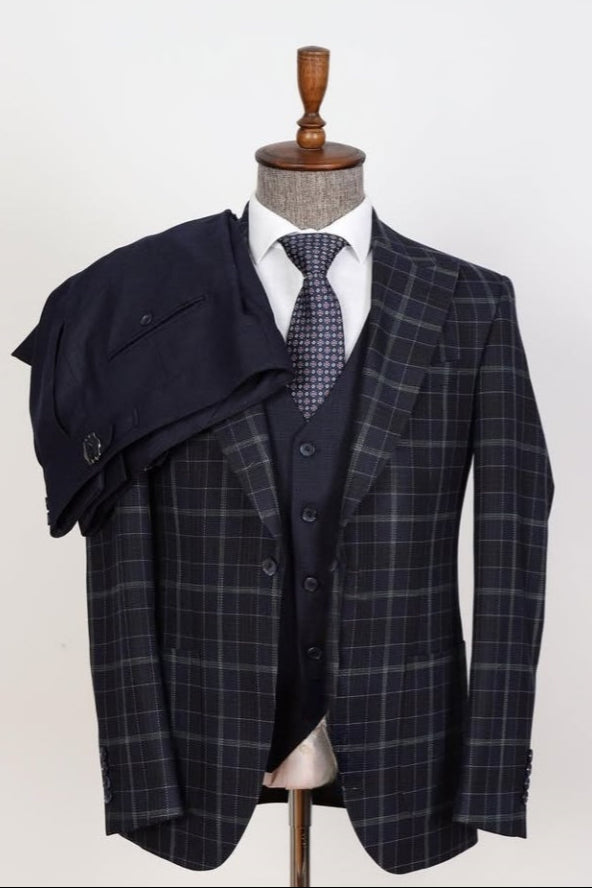 Dark Blue Plaid Peaked Lapel Newest Fancy Formal Suits With Waistcoat