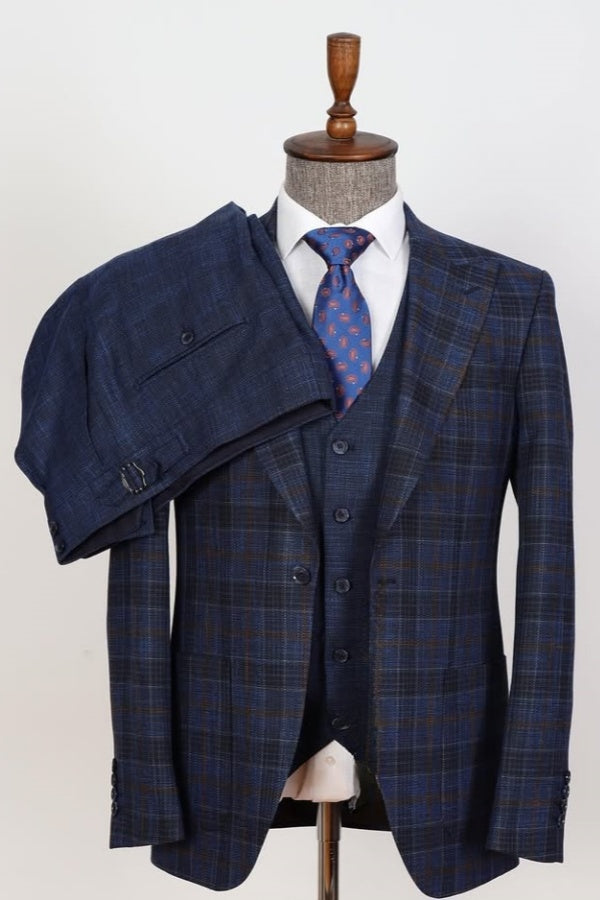 New Arrival Blue Plaid 3 Pieces Slim Fit Business Men Suits
