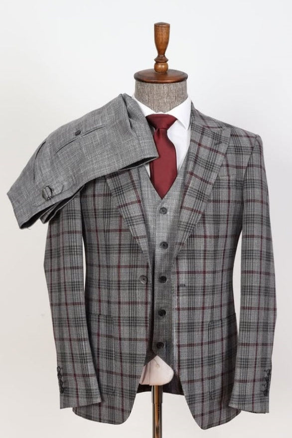 Gray Plaid Close Fitting Formal Suits For Men With Waistcoat