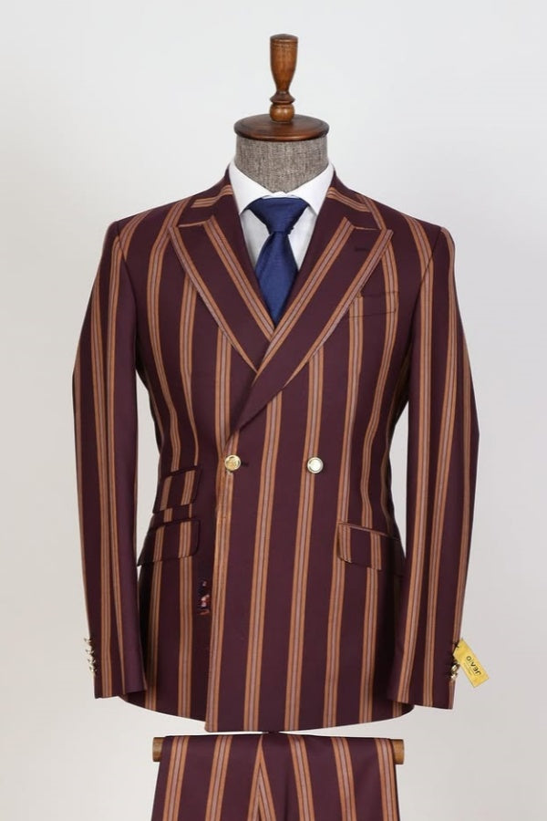 Glamorous Burgundy Double Breasted Stripe Slim Fit Men Suits