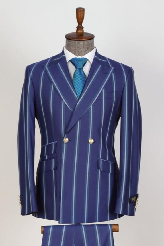 Formal Navy Stripe Double Breasted Close Fitting Business Men Suits