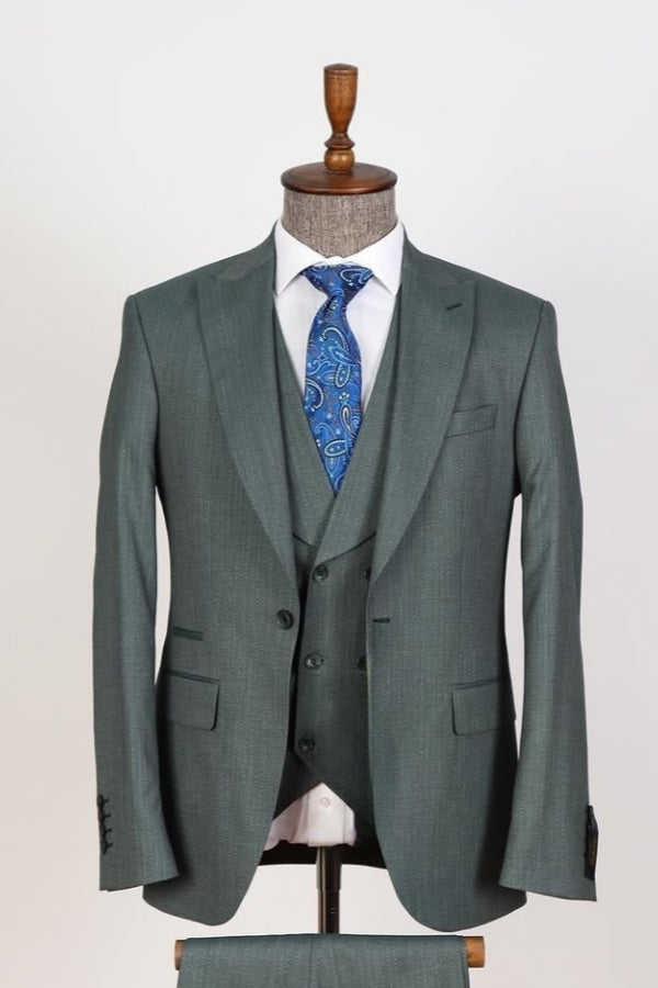 Modern Gray Green 3 Pieces Peaked Lapel Formal Men Suits