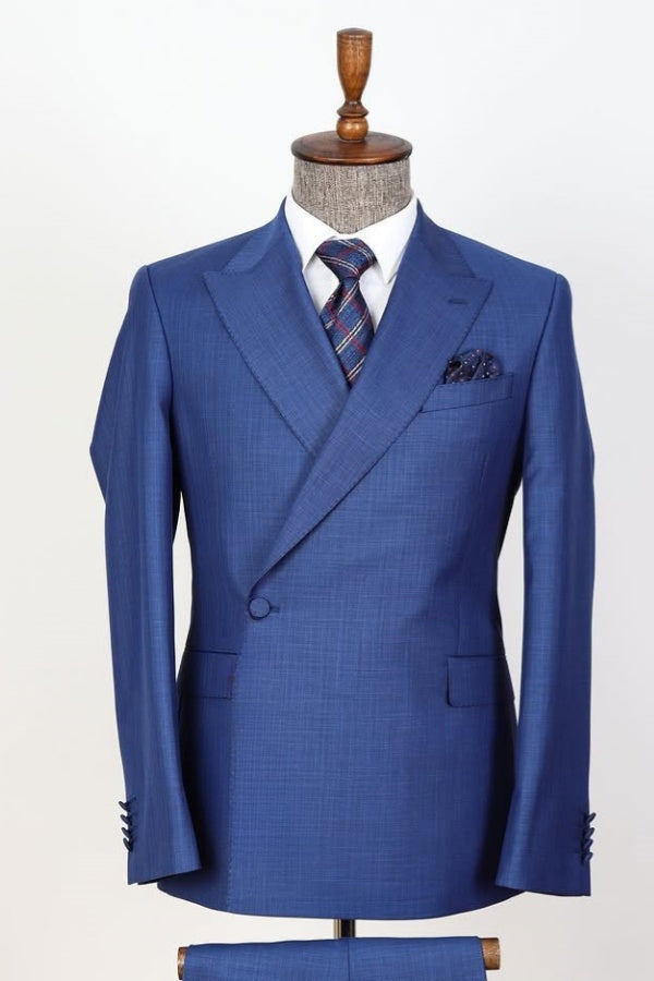 Close Fitting Dark Blue Peaked Lapel Men's Business Suits