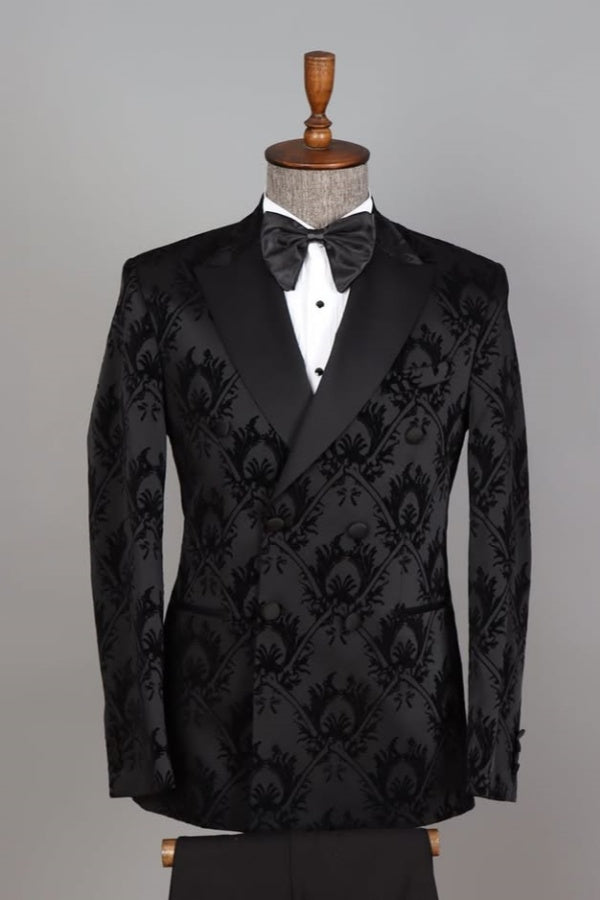 Modern Black Jacquard Double Breasted Peaked Lapel Prom Men Suits