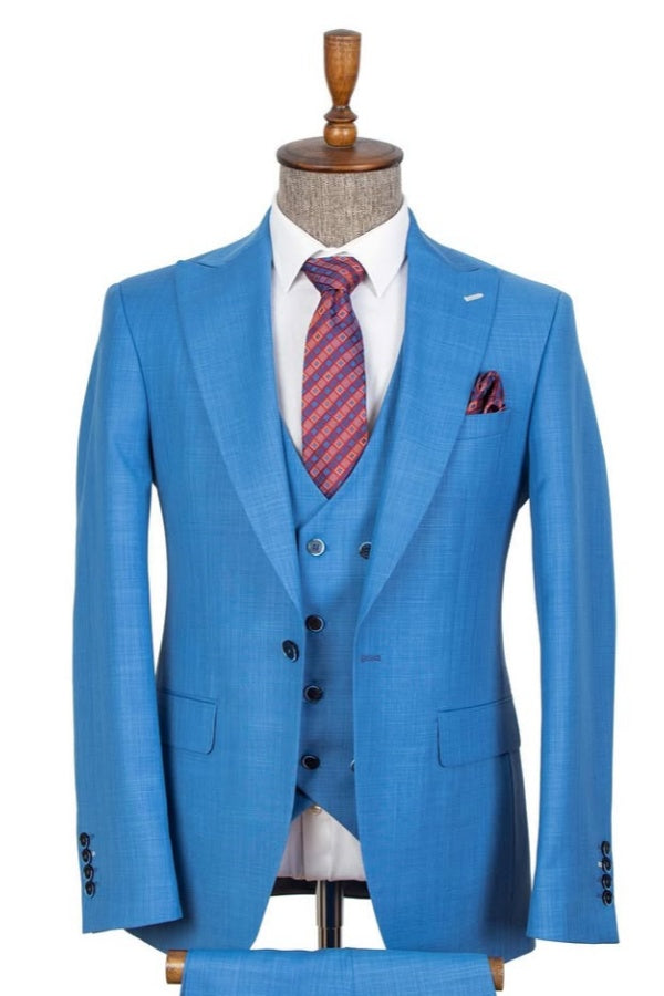 Fashion Blue Peaked Lapel Close Fitting Business 3 Pieces Men Suits