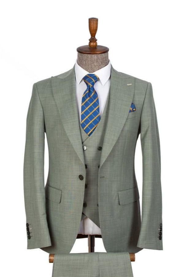 Bespoke Gray Green Newest Peaked Lapel Formal Suits For Men With Waistcoat