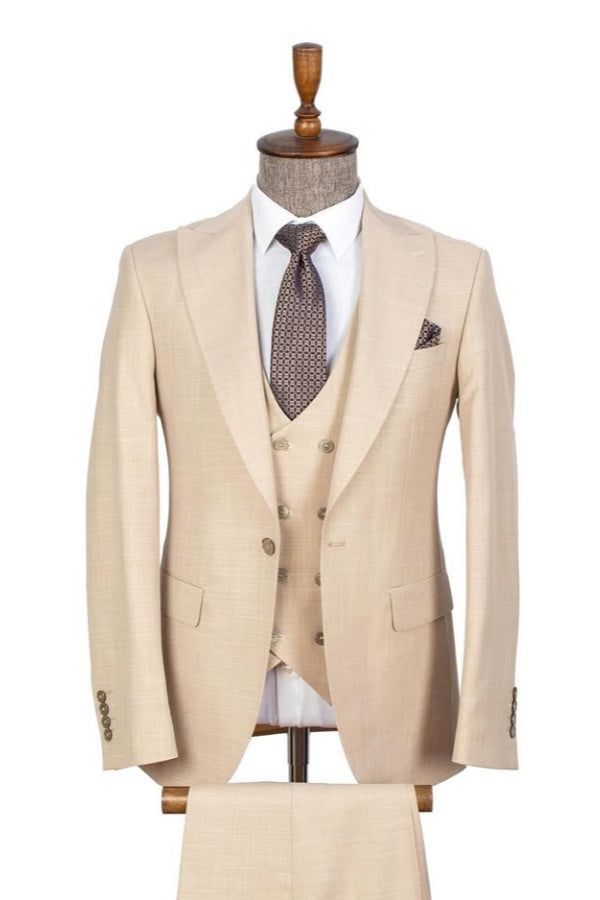 Chic Beige New Arrival Peaked Lapel Men's Business Suits With Waistcoat