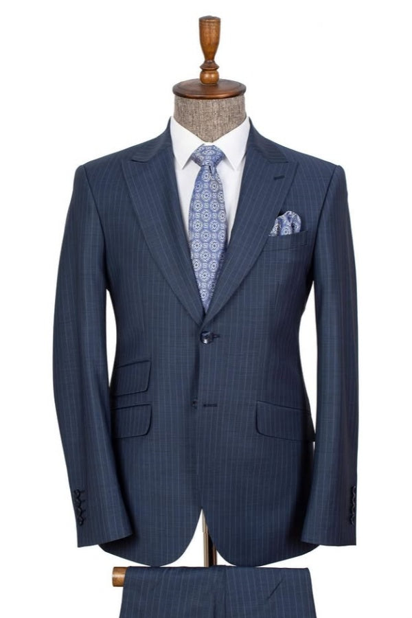 Fashion Dark Blue Stripe Peaked Lapel Business Men Suits