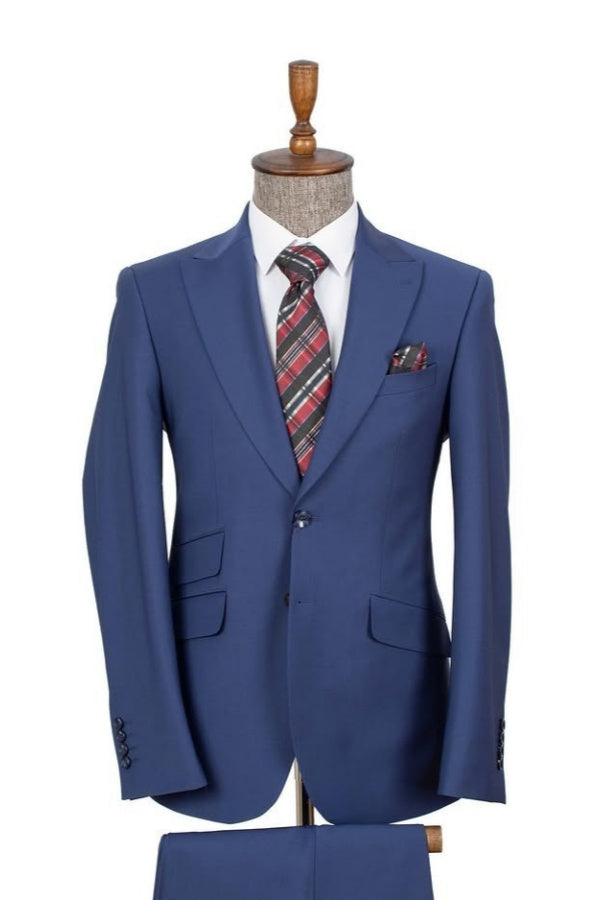 Chic Blue Classic Peaked Lapel Business Suits For Men