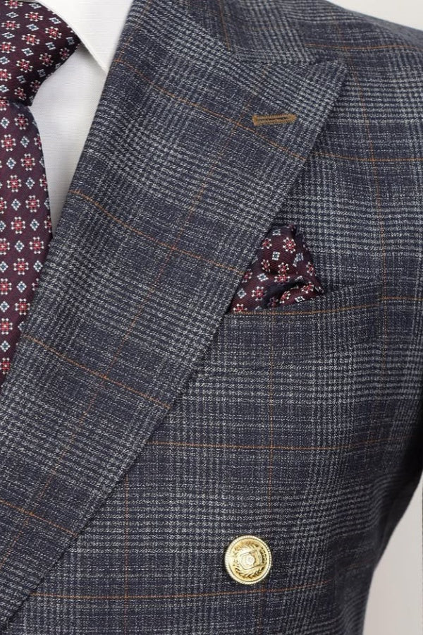 Chic Gray Double Breasted Plaid Close Fitting Men Suits