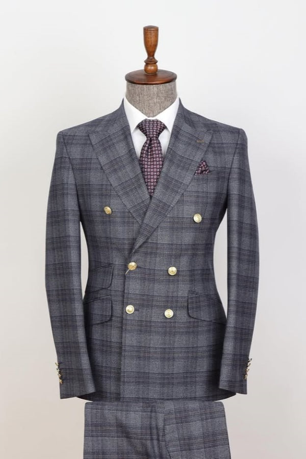 Chic Gray Double Breasted Plaid Close Fitting Men Suits