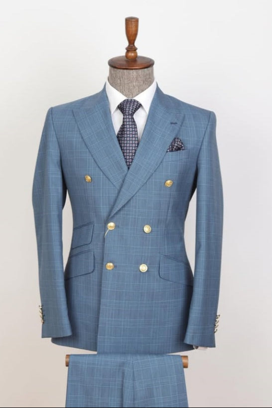 Glamorous Blue Plaid Double Breasted Business Men Suits