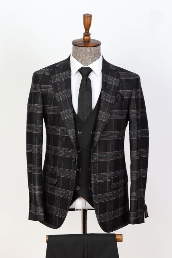 Modern 3 Pieces Black Classic Plaid Notched Lapel Business Men Suits