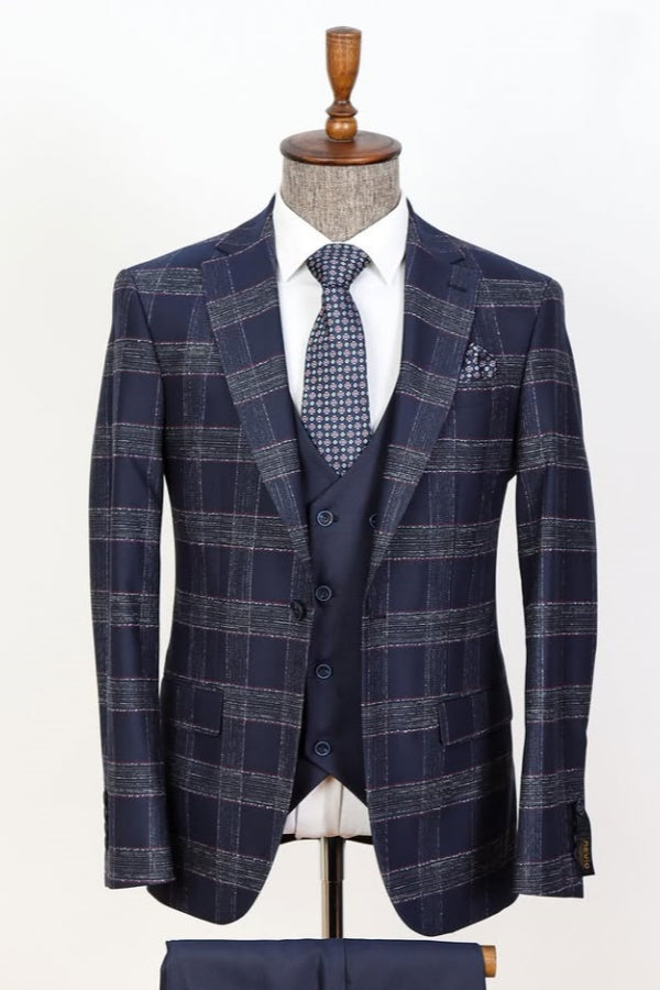 Fancy Blue Plaid 3 Pieces Bespoke Slim Fit Business Men Suits