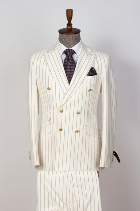 Modern White Stripe Peaked Lapel Double Breasted Men Suits