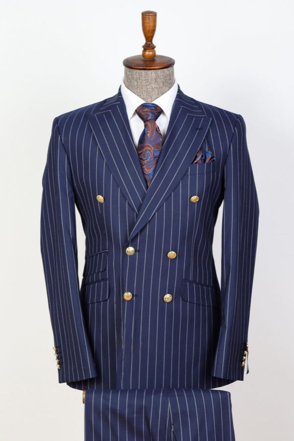 Newest Dark Blue Chic Pinstripe Double Breasted Business Men Suits