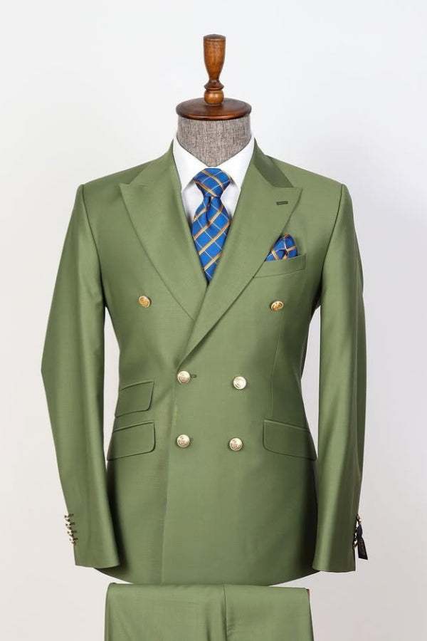 Popular Green Double Breasted Slim Fit Business Men Suits