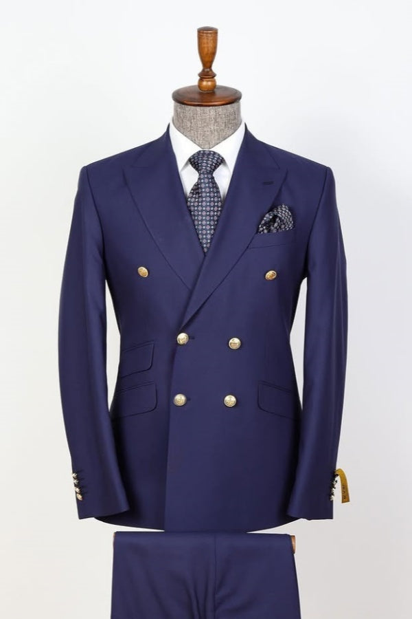Modern Dark Blue Chic Double Breasted Men's Business Suits