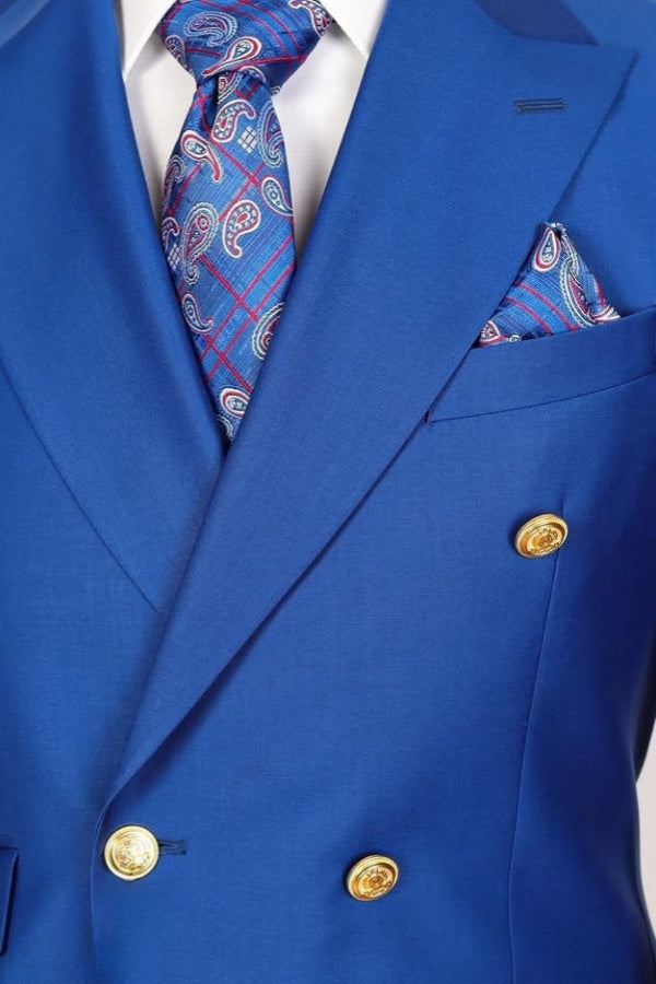Modern Blue Double Breasted Peaked Lapel Business Suits