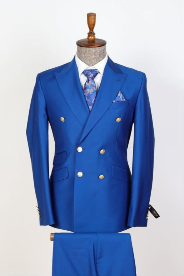 Modern Blue Double Breasted Peaked Lapel Business Suits