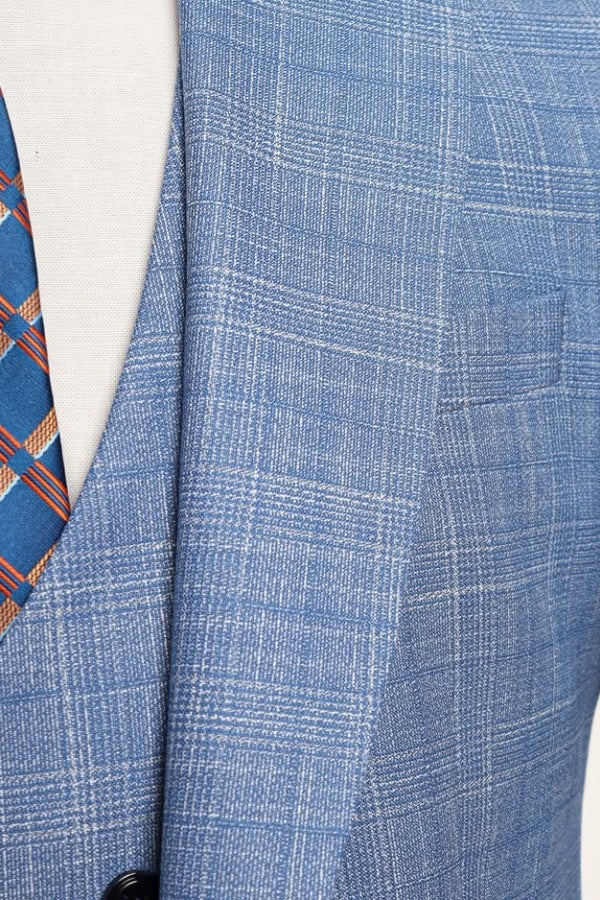 Fancy Blue Plaid 3 Pieces Notched Lapel Business Suits