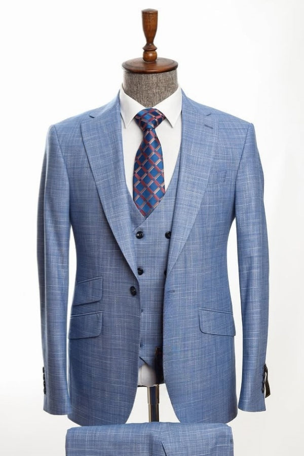 Fancy Blue Plaid 3 Pieces Notched Lapel Business Suits
