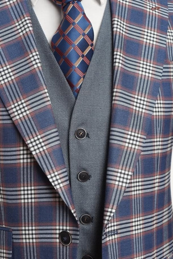 Modern Blue Chic Plaid Peaked Lapel Business Suits With Gray Waistcoat