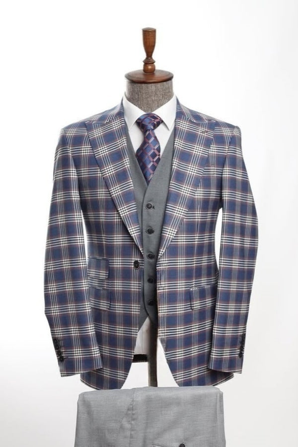 Modern Blue Chic Plaid Peaked Lapel Business Suits With Gray Waistcoat