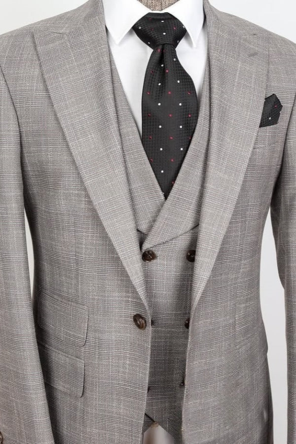 Newest Gray 3 Pieces Plaid Peaked Lapel Slim Fit Men Suits