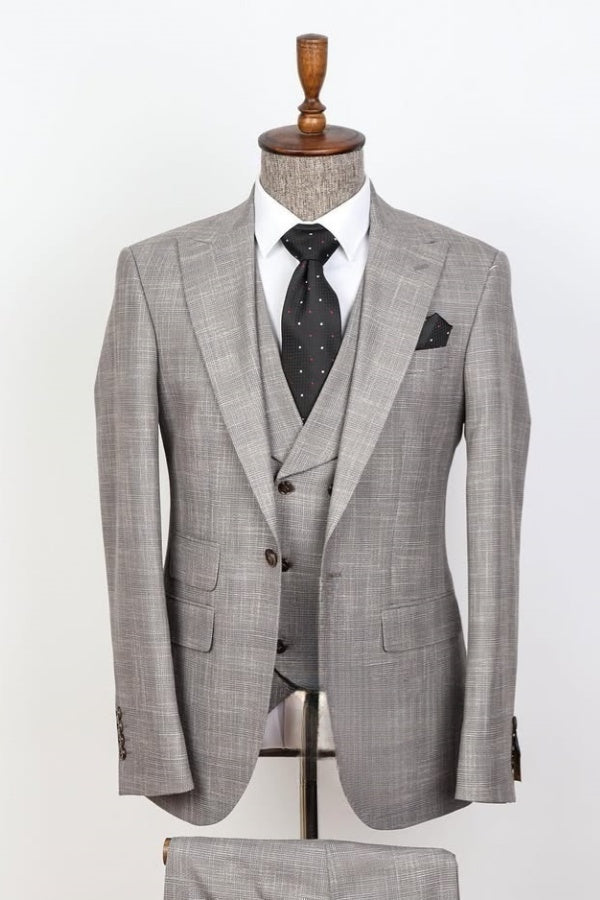 Newest Gray 3 Pieces Plaid Peaked Lapel Slim Fit Men Suits