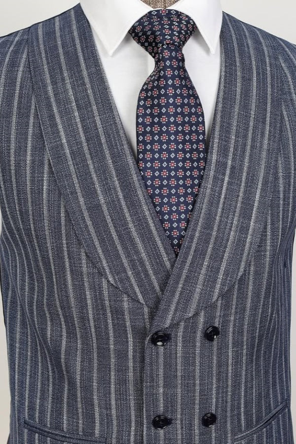 Stylish Gray Stripe Peaked Lapel Slim Fit Men Suits