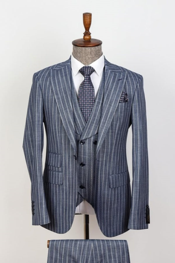 Stylish Gray Stripe Peaked Lapel Slim Fit Men Suits