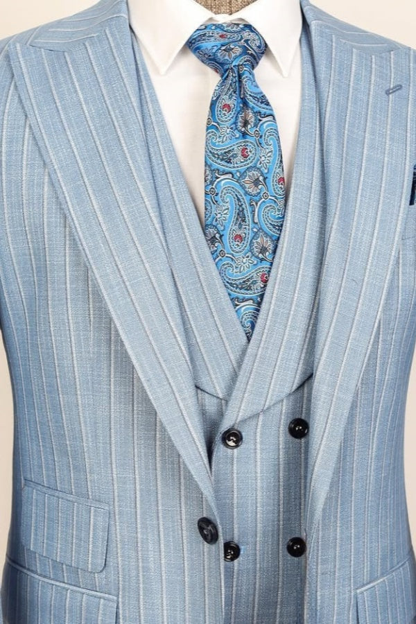Glamorous Sky Blue Stripe Slim Fit Men Suits With Waistcoat