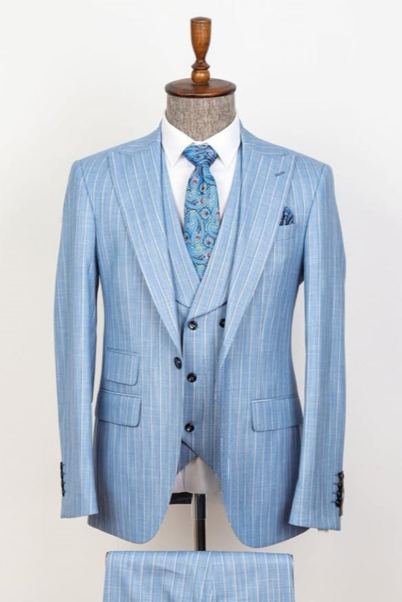 Glamorous Sky Blue Stripe Slim Fit Men Suits With Waistcoat
