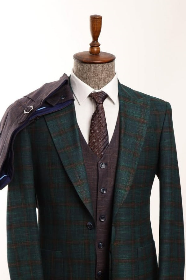 Stylish Green Plaid 3 Pieces Close Fitting Men Suits