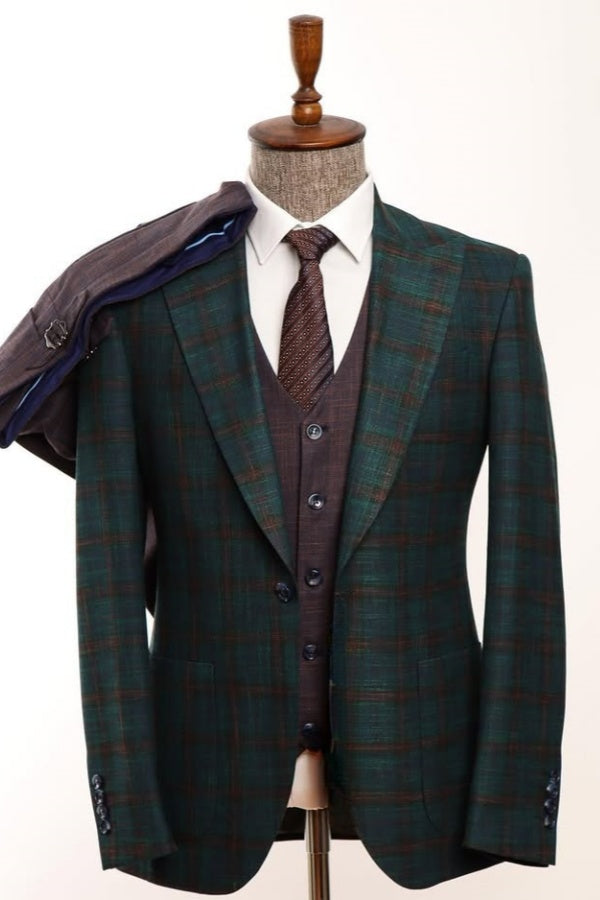 Stylish Green Plaid 3 Pieces Close Fitting Men Suits