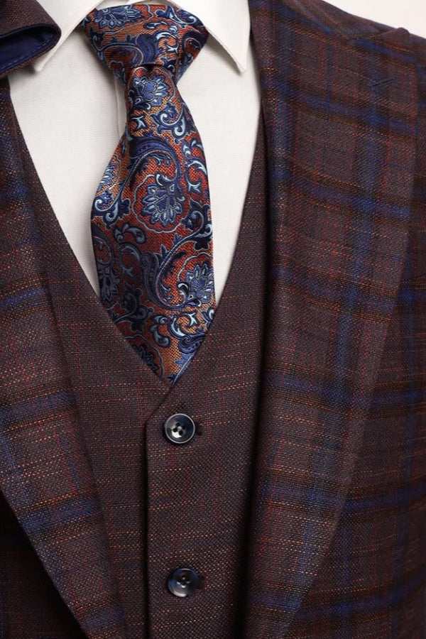 Fashion Dark Brown Plaid Peaked Lapel Business Men Suits