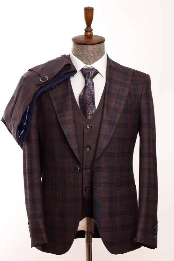 Fashion Dark Brown Plaid Peaked Lapel Business Men Suits