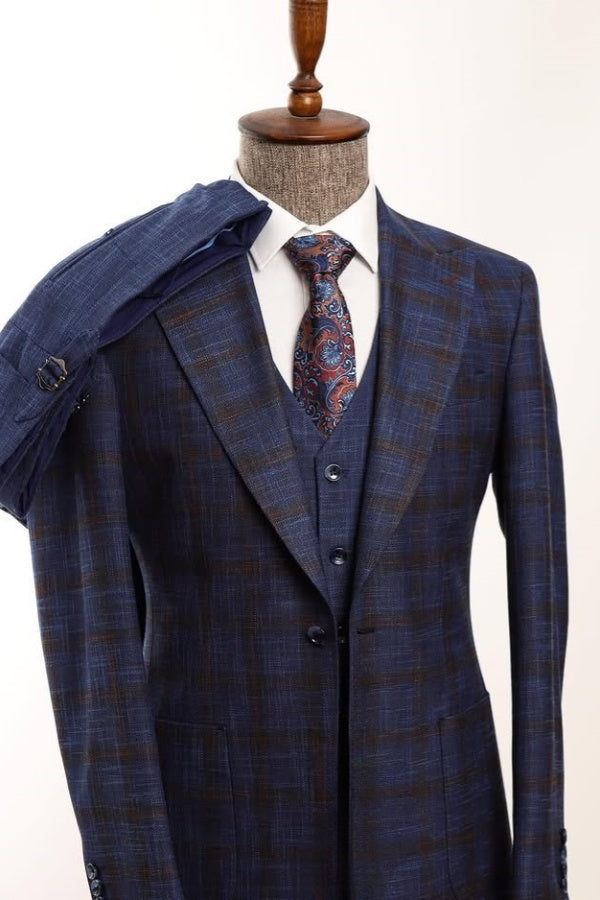 3 Pieces Popular Dark Blue Plaid Peaked Lapel Bespoke Formal Suits For Men