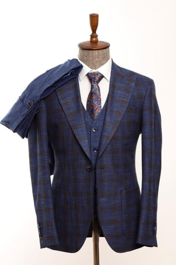 3 Pieces Popular Dark Blue Plaid Peaked Lapel Bespoke Formal Suits For Men